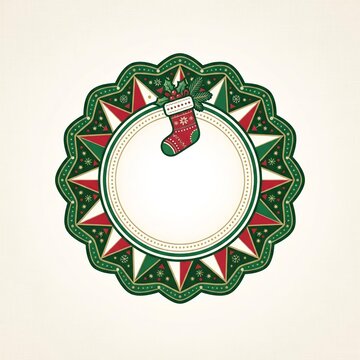 Christmas Holiday Badge with Stocking Illustration, Blank Circular Frame for Seasonal Retail Marketing and Gift Tags