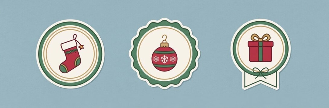 Set of Three Christmas Holiday Sticker Icons with Stocking Ornament and Gift Box, Festive Retail Marketing Template