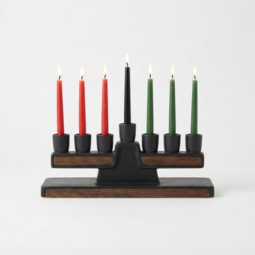 Modern Kwanzaa Kinara with Lit Candles on Neutral Background, Cultural Celebration Concept