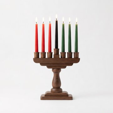 Traditional Wooden Kinara with Seven Lit Candles for Kwanzaa Celebration, Cultural Holiday Background