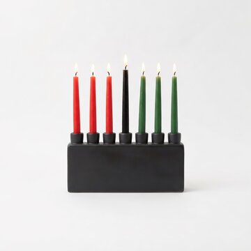 Kwanzaa Kinara with Lit Candles on Grey Background, African American Cultural Celebration Concept