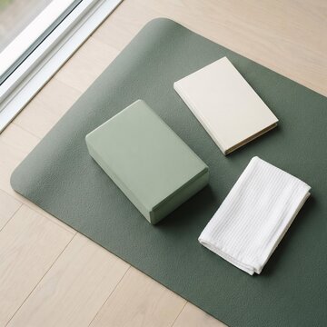 Sage Green Yoga Mat and Block with Journal for Home Fitness Planning, Wellness and Mindfulness Concept