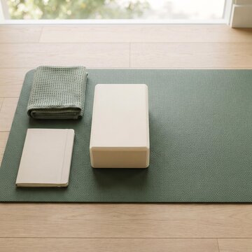 Yoga Block and Fitness Accessories on Mat, Wellness and Mindfulness Concept for Home Workout Planning