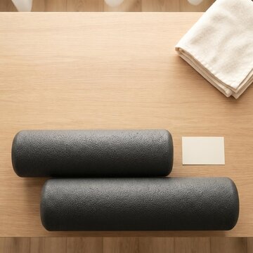 Black Foam Roller and Towel on Wooden Surface, Home Fitness and Wellness Planning Concept