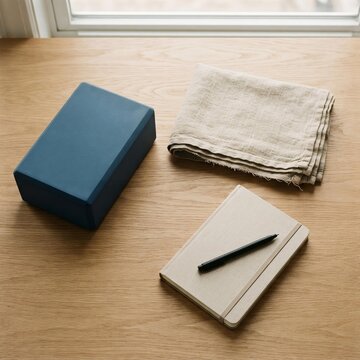 Yoga Block and Notebook on Wooden Desk, Home Fitness Planning and Wellness Concept