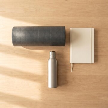 Flat Lay of Fitness Equipment and Planning Notebook on Wood Surface, Wellness and Healthy Lifestyle Concept