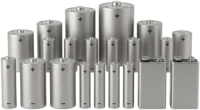 Collection of assorted silver alkaline batteries.