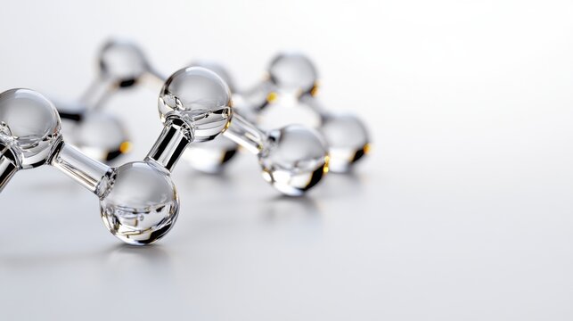 Close-up of a molecule structure with clear round spheres connected by rods, symbolizing science and innovation
