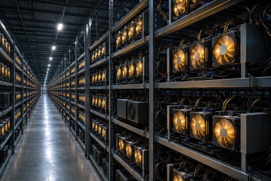 Cryptocurrency mining rigs stacked on racks with glowing fans