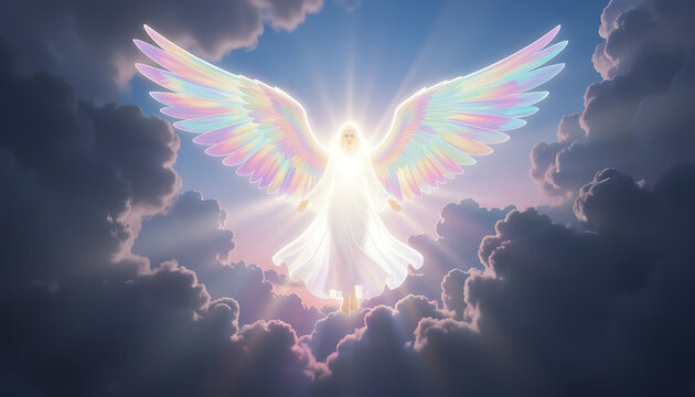 Beautiful Angelic Woman with Iridescent Wings in Sky Concept