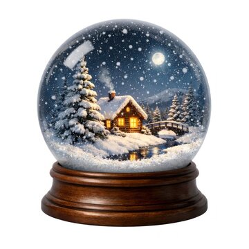 Snow globe with a cozy cabin, snowy trees, and a wooden base.