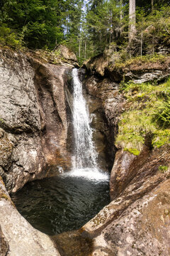 Hochfall Waterfall near Bodenmais Flowing through Rocky Forest Gorge in the Bavarian Forest, Bavaria, Germany in Summer