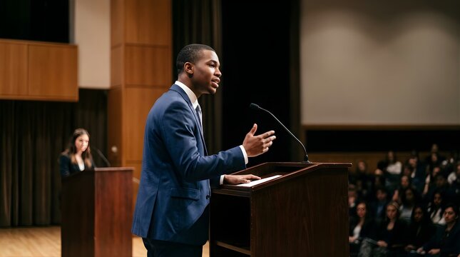 Young man giving a presentation at a podium in a conference hall