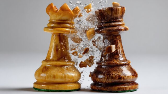 Shattered Strategy: Two chess queen pieces, one light and one dark, in a dramatic moment of destruction, symbolizing broken strategy or a game-changing event.