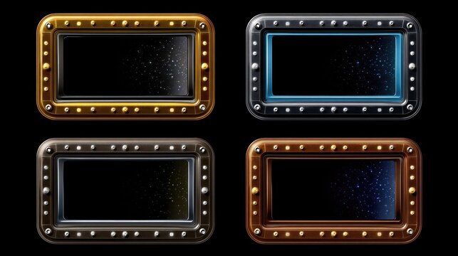 Four Frames: A collection of four metallic frames with riveted edges, presented in gold, steel, bronze, and a bluish tint, set against a dark, textured background, ideal for graphic design elements.