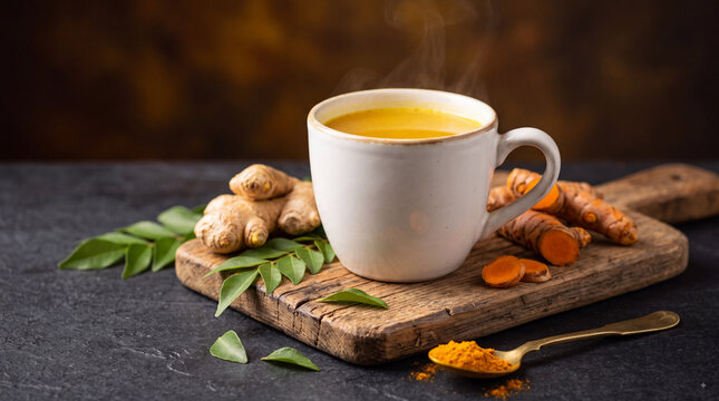 Steaming golden turmeric latte in white mug with fresh ginger, turmeric roots, curry leaves and spice powder on rustic wooden board against dark background