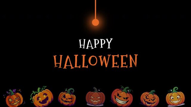 Happy Halloween animation featuring a swinging orange light and a row of cute cartoon jack-o-lantern pumpkins on a black background for easy compositing and alpha channel use