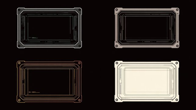 Futuristic Display Frames: A quartet of distinct, futuristic frames in black, dark grey, brown, and cream, each featuring metallic accents and a modern, minimalist design.