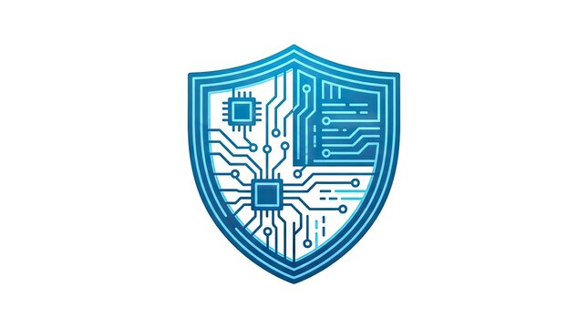 Blue shield icon with integrated circuit board patterns.