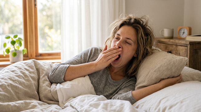 Young woman yawning while lying in bed in a cozy bedroom  