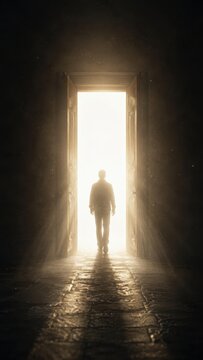 Silhouette walking through doorway into bright light hope concept