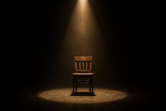 Single empty chair lit by spotlight on dark stage