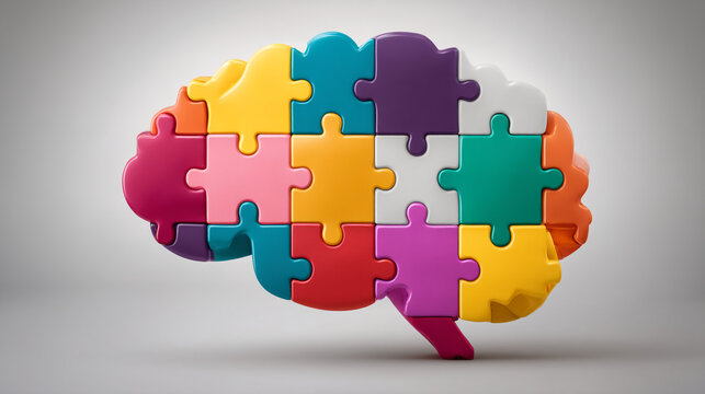 Colorful brain puzzle composed of interlocking pieces representing mental health