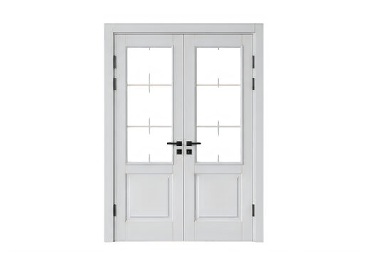 Minimalist double door entrance with small windows and black doorknob