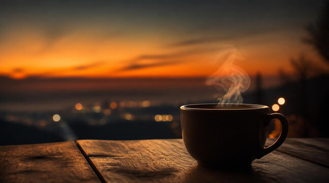 A coffee cup rests on a wooden table, illuminated by the warm glow of a sunset in the background.