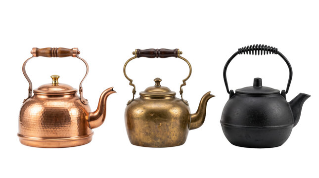 Vintage stovetop kettles set for kitchenware tea coffee banner concept