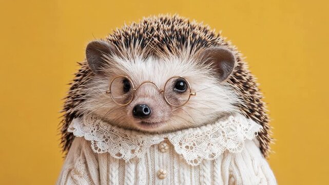 Adorable hedgehog female character with glasses and a cozy sweater posing on a yellow background