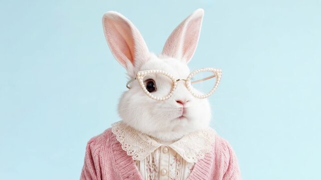 Anthropomorphic funny white bunny female character wearing glasses and looking around on a light blue background
