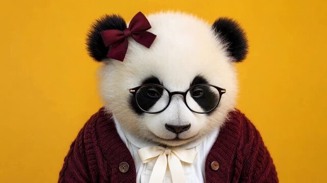 Young panda bear female character wearing nerdy glasses, a bow, and a cardigan on a yellow background
