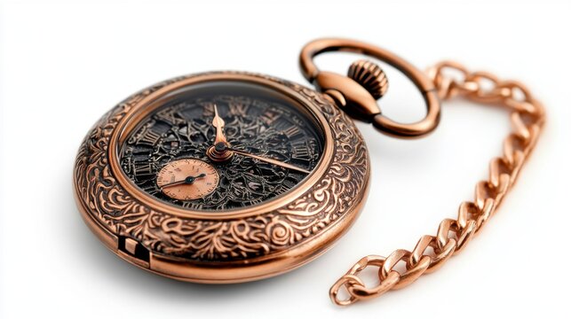 A vintage pocket watch with intricate details and a golden chain, showcasing a timeless design