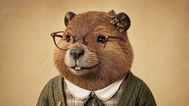 Cute anthropomorphic beaver student female character with eyeglasses making funny faces and looking at the camera