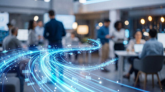 Abstract digital data streams flowing through modern office with blurred business team, network technology and communication concept for innovation