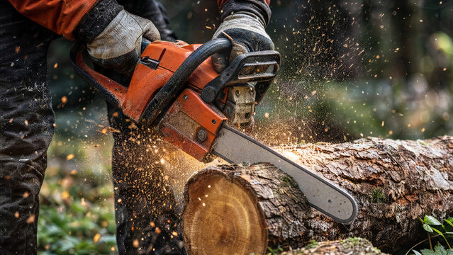 Cropped shot of man cutting wood log with chainsaw and flying sawdust outdoors in forest