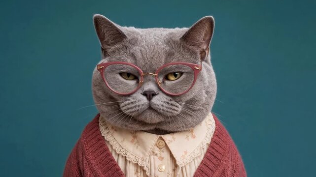 Comical grey cat female character with a cute face dressed as a librarian or teacher against a solid background