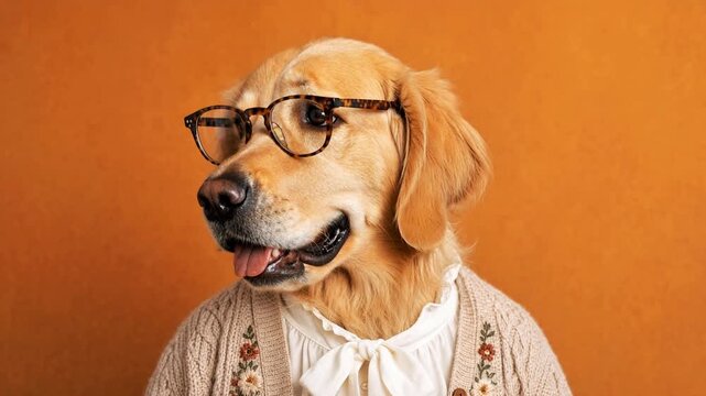 Funny golden retriever dog female character dressed as a person wearing a cardigan and glasses on an orange background