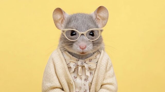 Adorable gray chinchilla female character wearing glasses, a shirt, and a cardigan on a yellow background