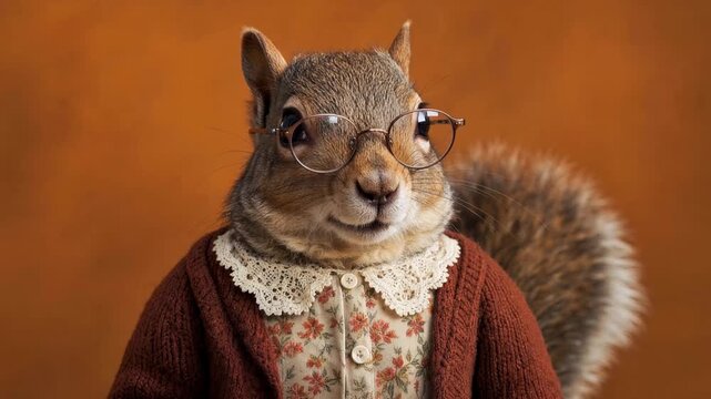 Funny squirrel female character dressed as an old woman with cardigan and eyeglasses posing in a studio setting