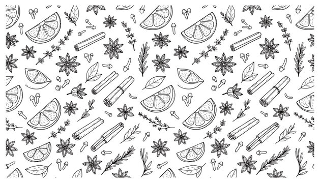 Hand Drawn Vintage Mulled Wine Herb and Spice Seamless Pattern Background Wallpaper in Vector Illustration Style