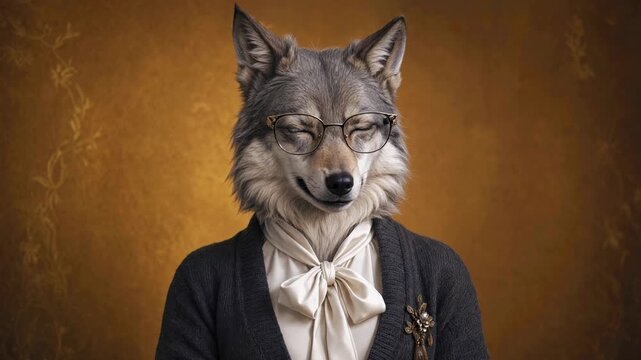 Sophisticated anthropomorphic wolf female character with glasses posing for a vintage style studio portrait