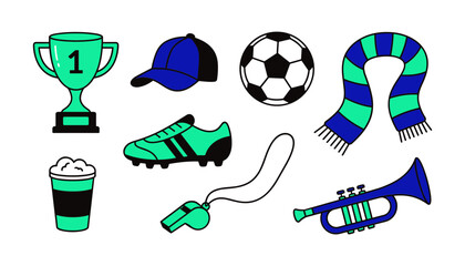 Soccer Fan Gear and Football Match Equipment Icon Collection Featuring Ball Trophy and Whistle in Vector Illustration Style