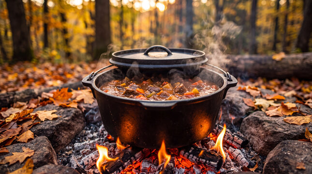 Hearty stew simmering in cast iron Dutch oven over campfire in autumn forest, cozy outdoor cooking with flames, smoke, and fallen leaves at rustic campsite