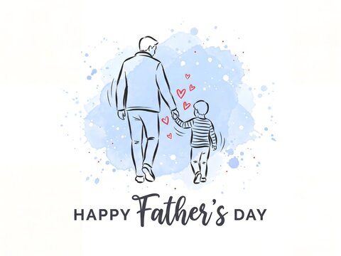 Happy Father's Day greeting card, father and son walking hand in hand sketch, blue watercolor background with hearts 4K