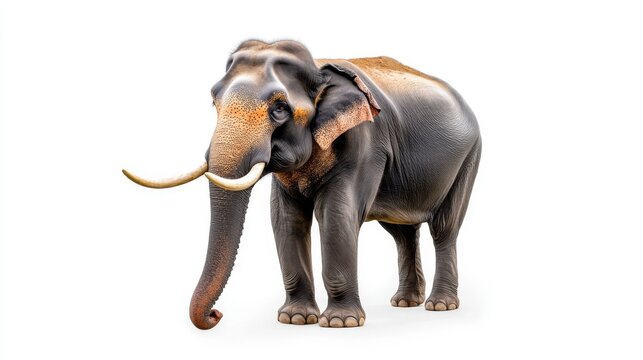 A majestic Asian elephant with large tusks stands on a white background. The elephant is dark gray with a wrinkled texture on its skin, showcasing its immense size and power