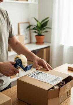 Man packing cardboard box with return label using tape dispenser. Online store logistics and e-commerce shipping concept. Preparation for delivery or parcel return service.