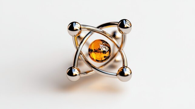 Abstract sculpture with metallic rings and an amber sphere at its center. The sculpture appears to be a representation of an atom or molecule, symbolizing science and innovation