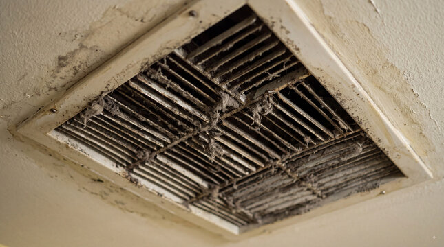 Dirty ceiling air vent with dust buildup and clogged grille in neglected indoor HVAC system, showing poor maintenance, grime, and home air quality concern